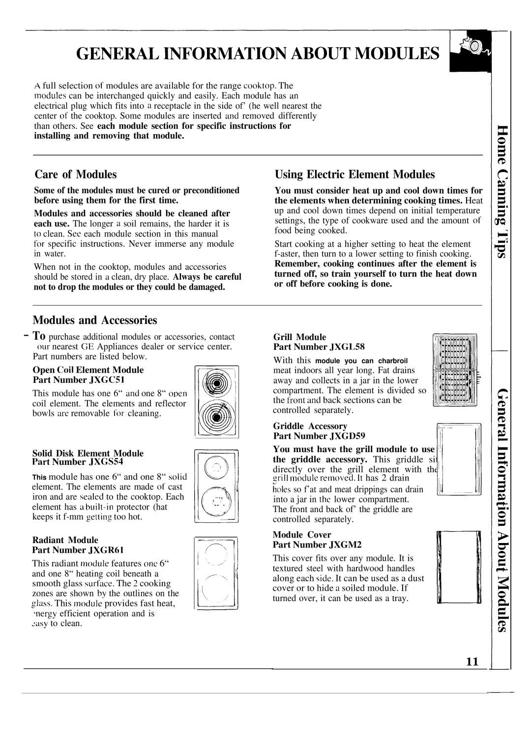 GE JSP60GN manual Care of Modules, Modules and Accessories 