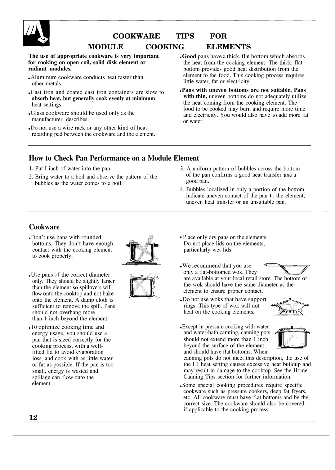 GE JSP60GN manual How to Check Pan Performance on a Module Element, Cookware Tips for Module Cooking Elements 