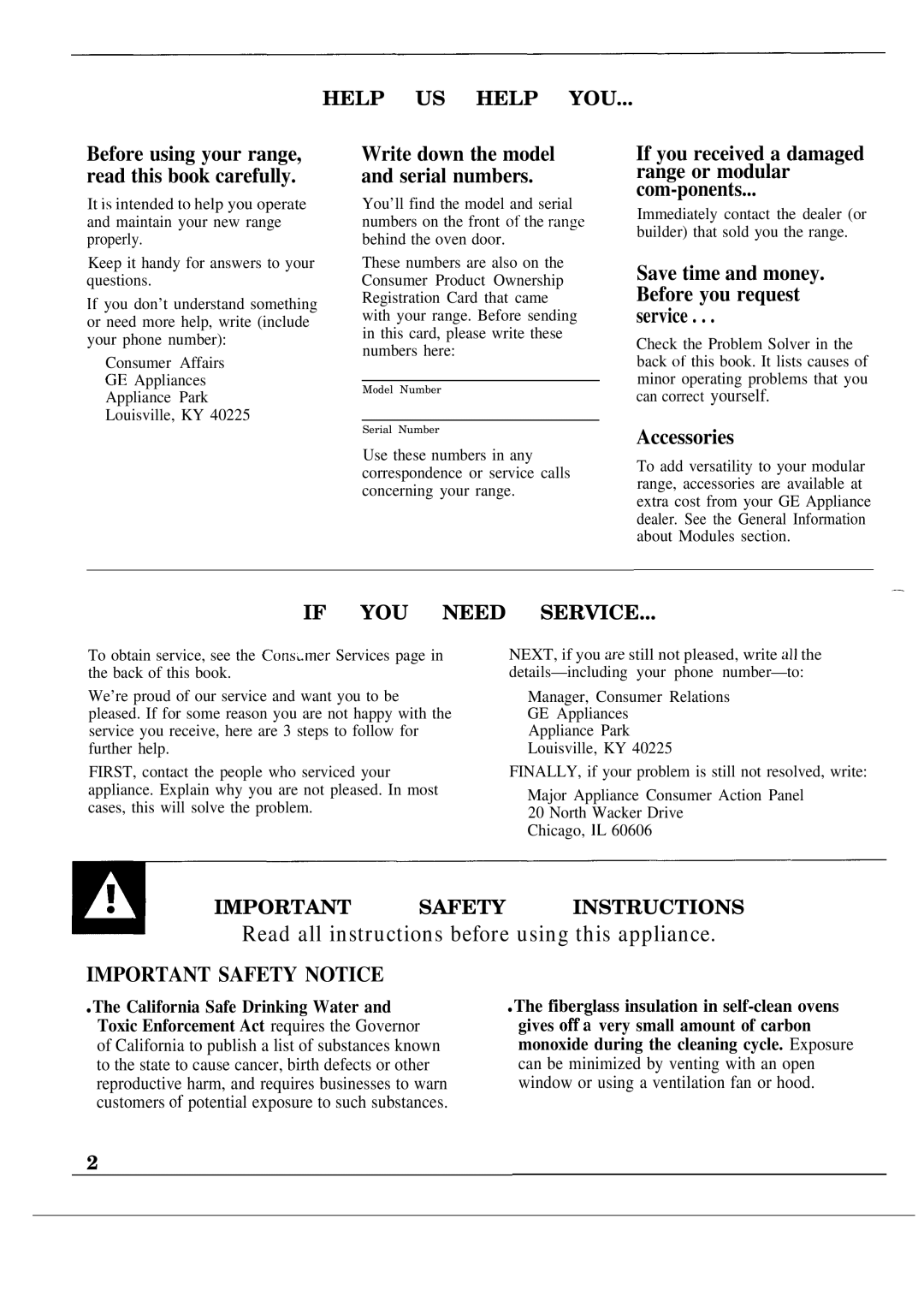 GE JSP60GN manual If you received a damaged range or modular com-ponents, Save time and money. Before you request service 