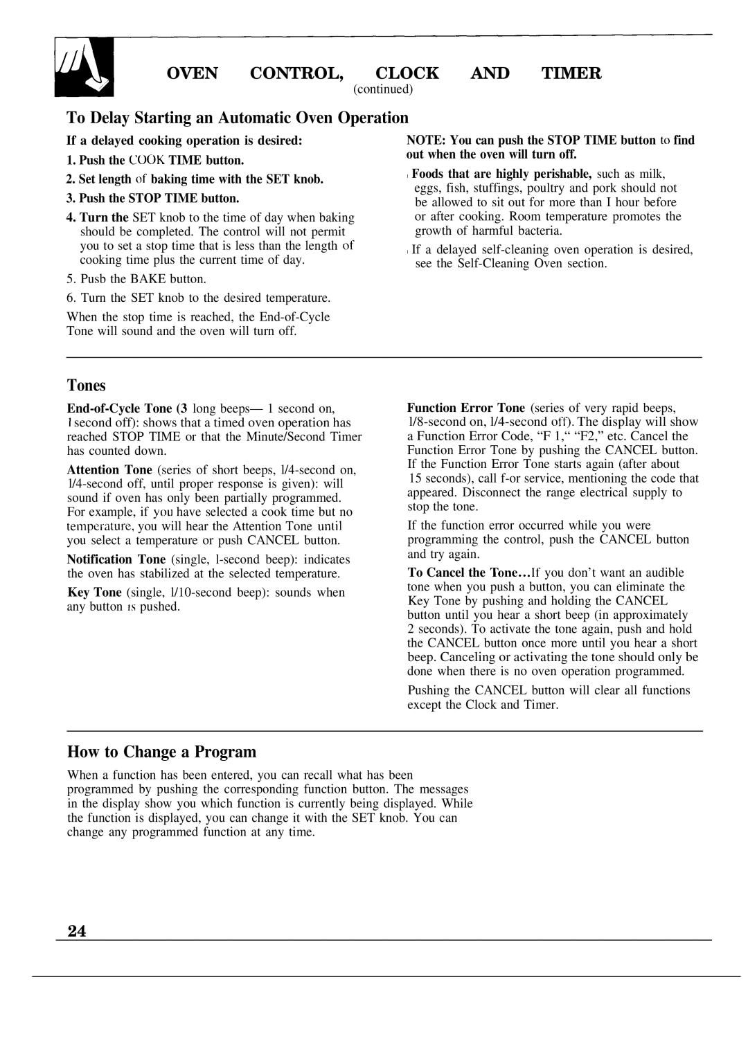 GE JSP60GN To Delay Starting an Automatic Oven Operation, Tones, How to Change a Program, Oven CONTROL, Clock and Timer 