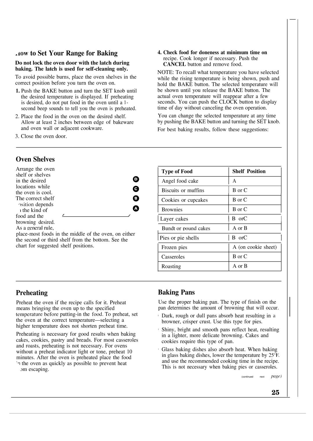 GE JSP60GN manual Iow to Set Your Range for Baking, Preheating, Baking Pans, Type of Food Shelf Position 