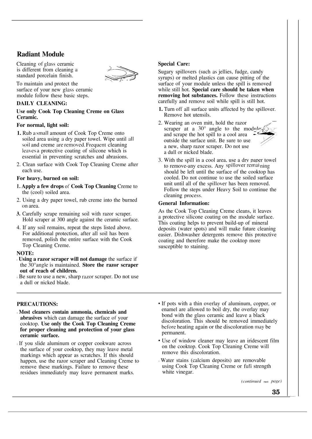 GE JSP60GN manual Radiant Module, For heavy, burned on soil, Special Care, General Information 