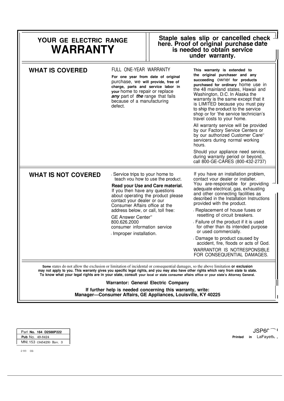 GE JSP60GN manual Warranty 