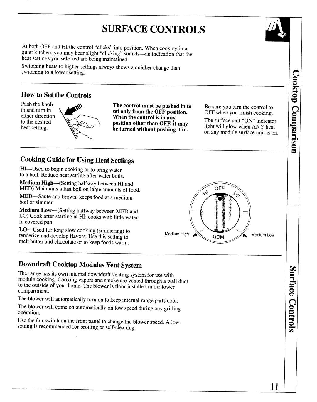 GE JSP69 warranty How to Set the Controls, Cooking Guide for Using Heat Settings, Downdraft Cooktop Modules VentSystem 