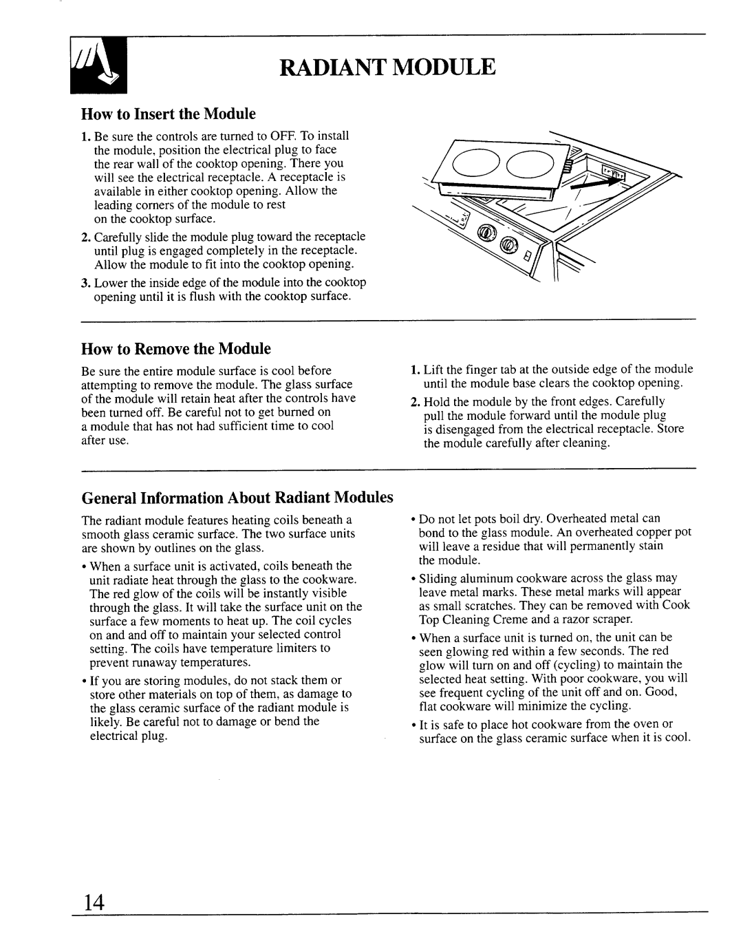 GE JSP69 warranty Wdwnt Module, How to Insert the Module, How to Remove the Module, GeneralIMormationAbout Radiant Modules 