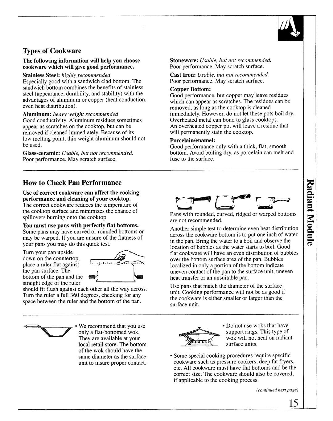 GE JSP69 warranty ~pes of Cookware, How to Check Pan Performance 