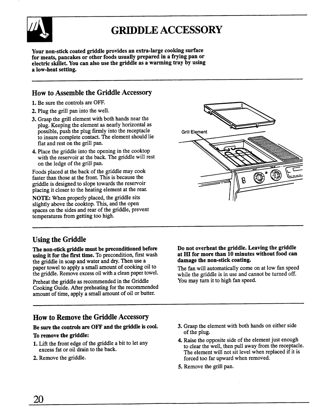 GE JSP69 ~DLE Accessory, How to Assemble the Gtiddle Accesso~, Using the Gtiddle, How to Removethe Gtiddle Accesso~ 