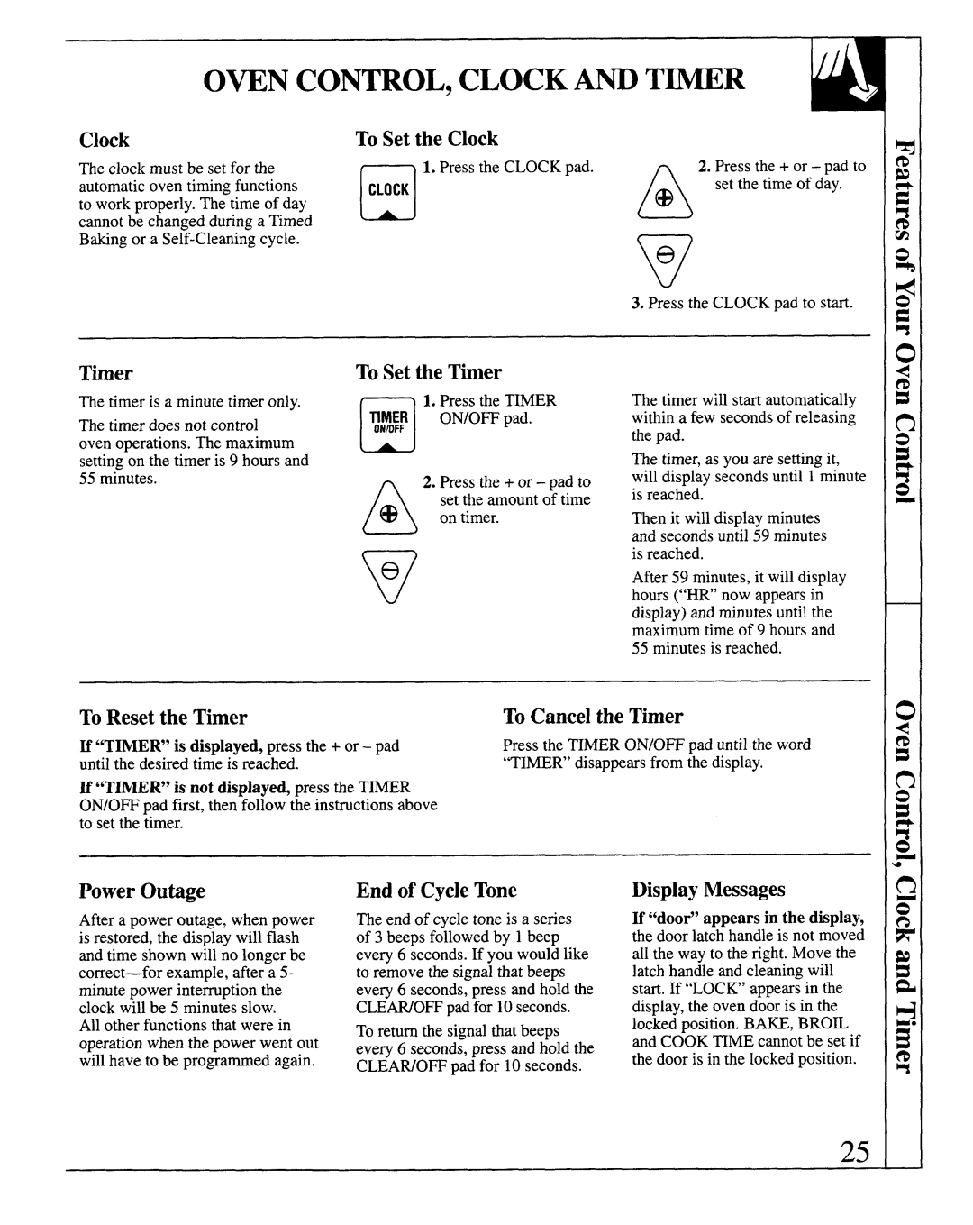 GE JSP69 warranty Clock To Set the Clock, To Set the Timer, ToReset the Tmer To Cancel the Timer, Power Outige 