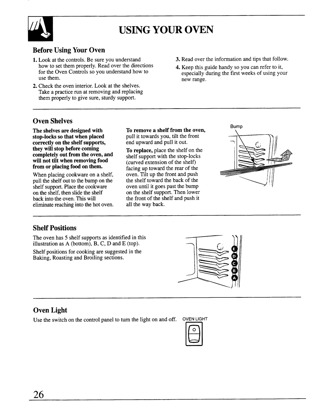 GE JSP69 warranty BeforeUsing YourOven, Oven Shelves, Shelf Positions, Oven Light 