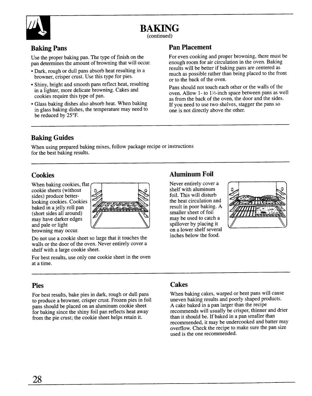 GE JSP69 warranty Baking Pans, Pan Placement, Baking Guides, Cookies, Aluminum Foil, Cakes 