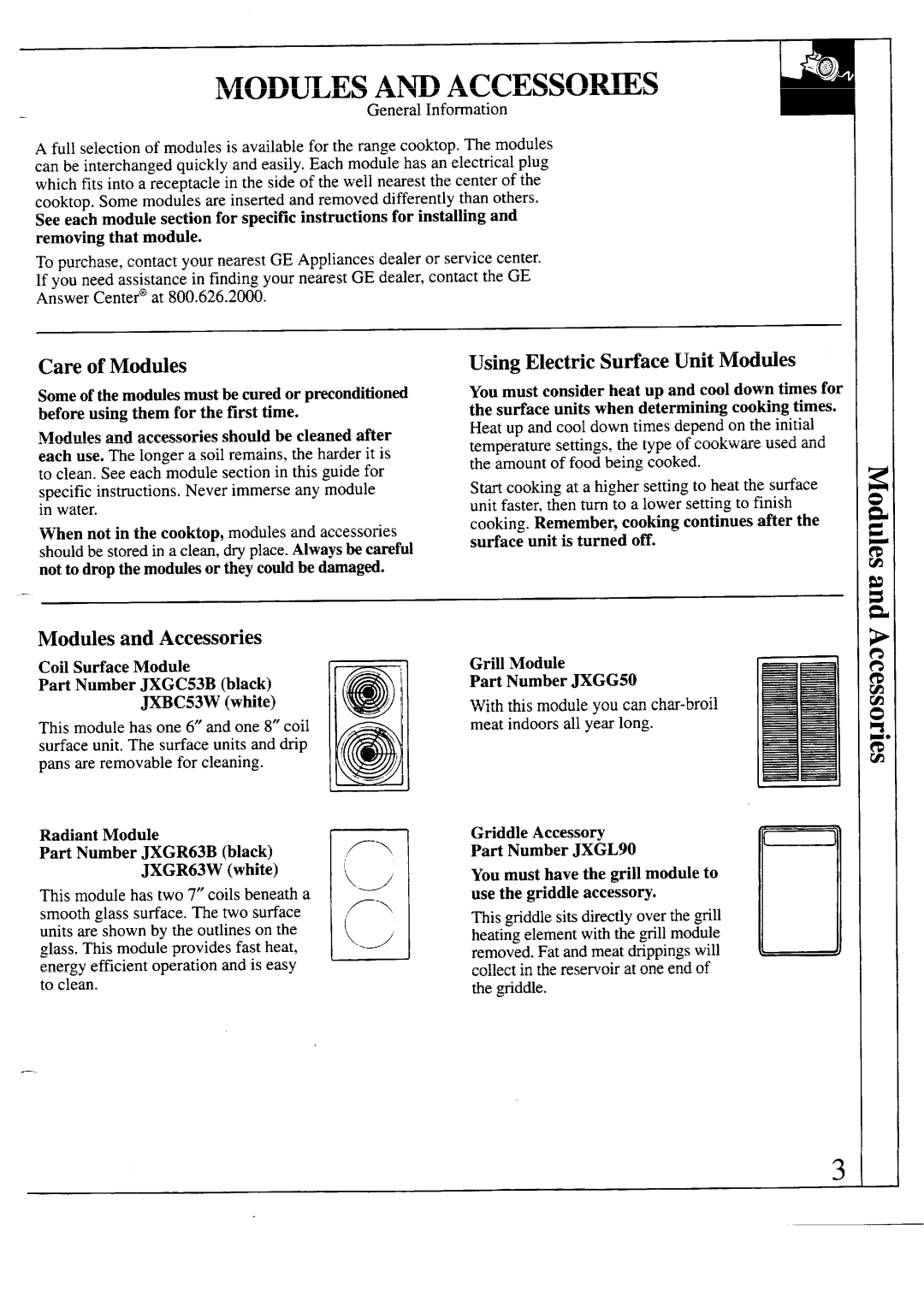 GE JSP69 warranty Care of Modules, Using Electric Surface Unit Modules, Modules and Accessories 