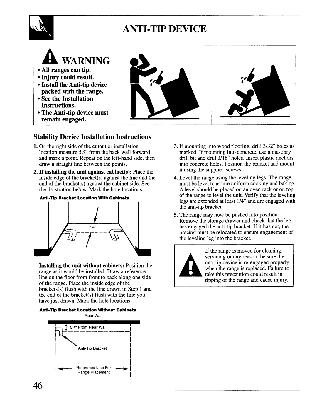 GE JSP69 warranty WAmING, Stability Device Instillation Instructions 