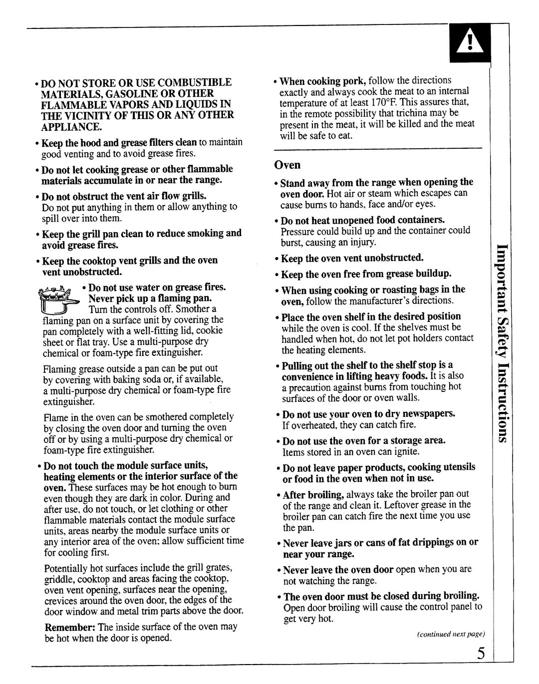 GE JSP69 warranty Oven, VIC~I~ of T~S or ANT OTnR, Appliance, Never pick up a flaming pan, Turn the controls off. Smother a 