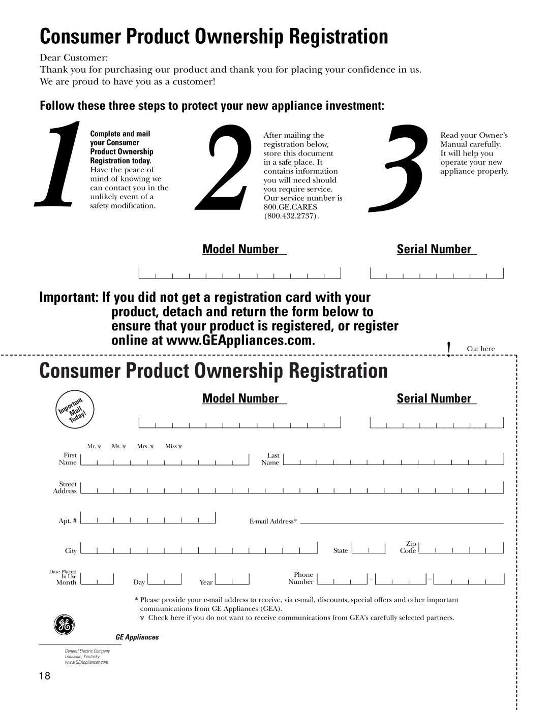 GE JSS16 owner manual Consumer Product Ownership Registration 