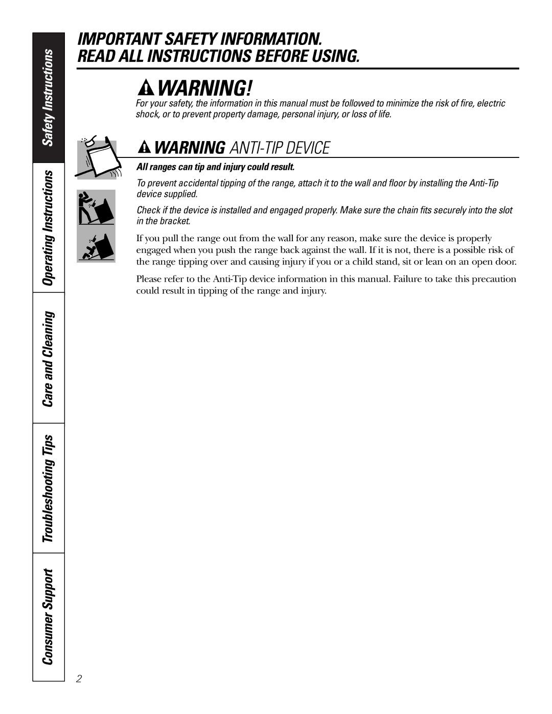 GE JSS16 owner manual All ranges can tip and injury could result 