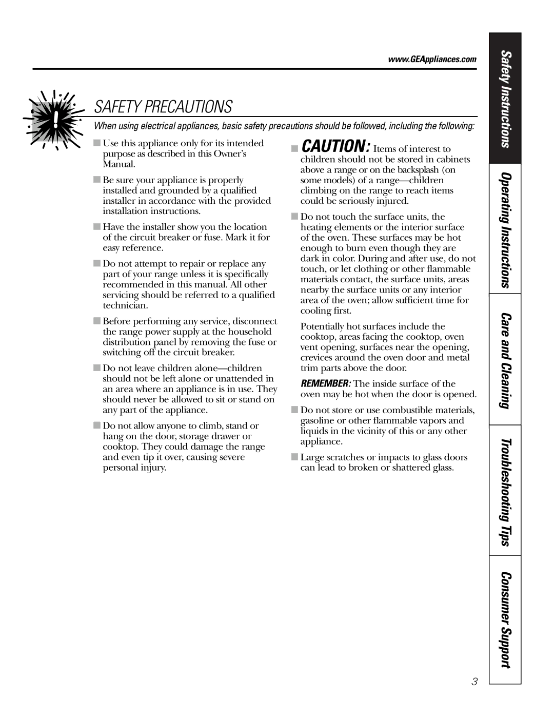 GE JSS16 owner manual Safety Precautions 