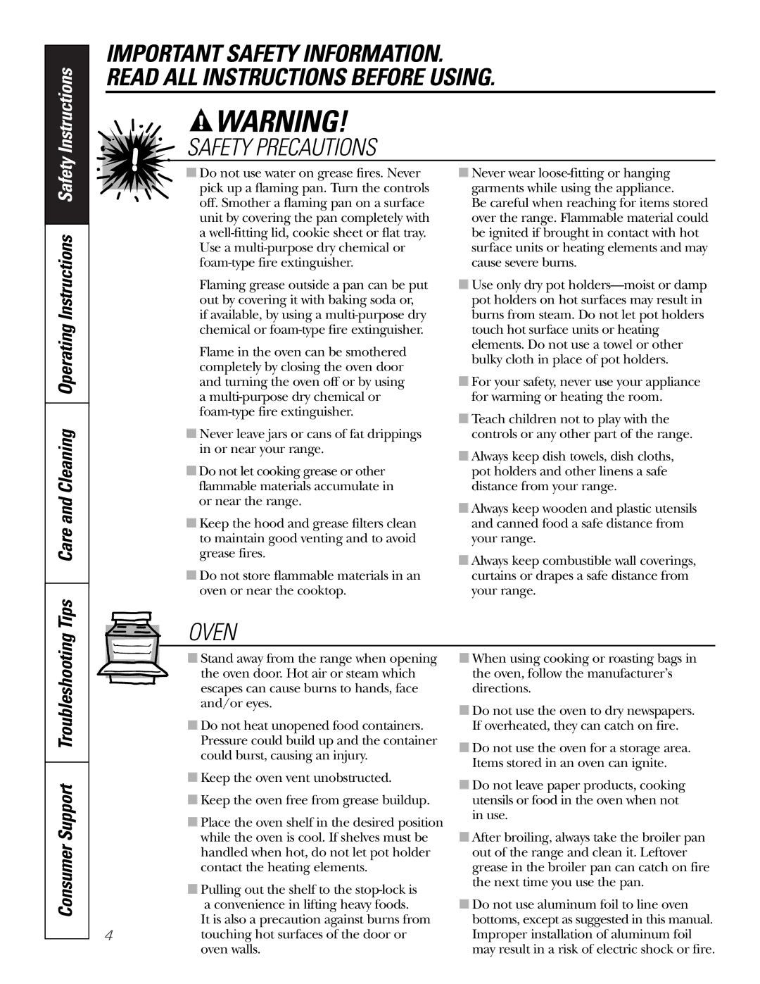 GE JSS16 owner manual Oven 