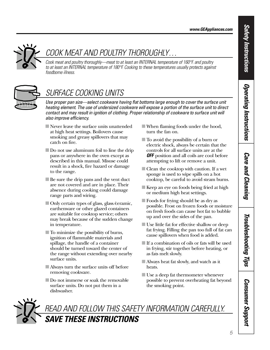 GE JSS16 owner manual Safety Instructions Operating, Support 