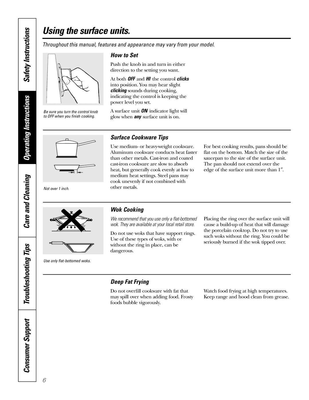 GE JSS16 owner manual Using the surface units, Instructions Safety, Cleaning Operating, Tips Care 