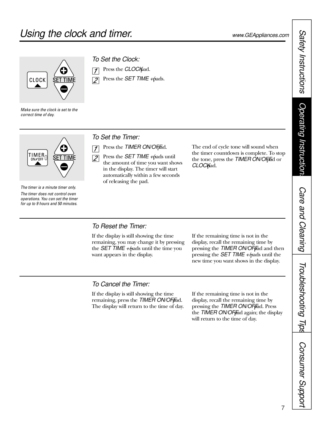 GE JSS16 owner manual Using the clock and timer, Instructions Care, Cleaning, Safety Instructions Operating 