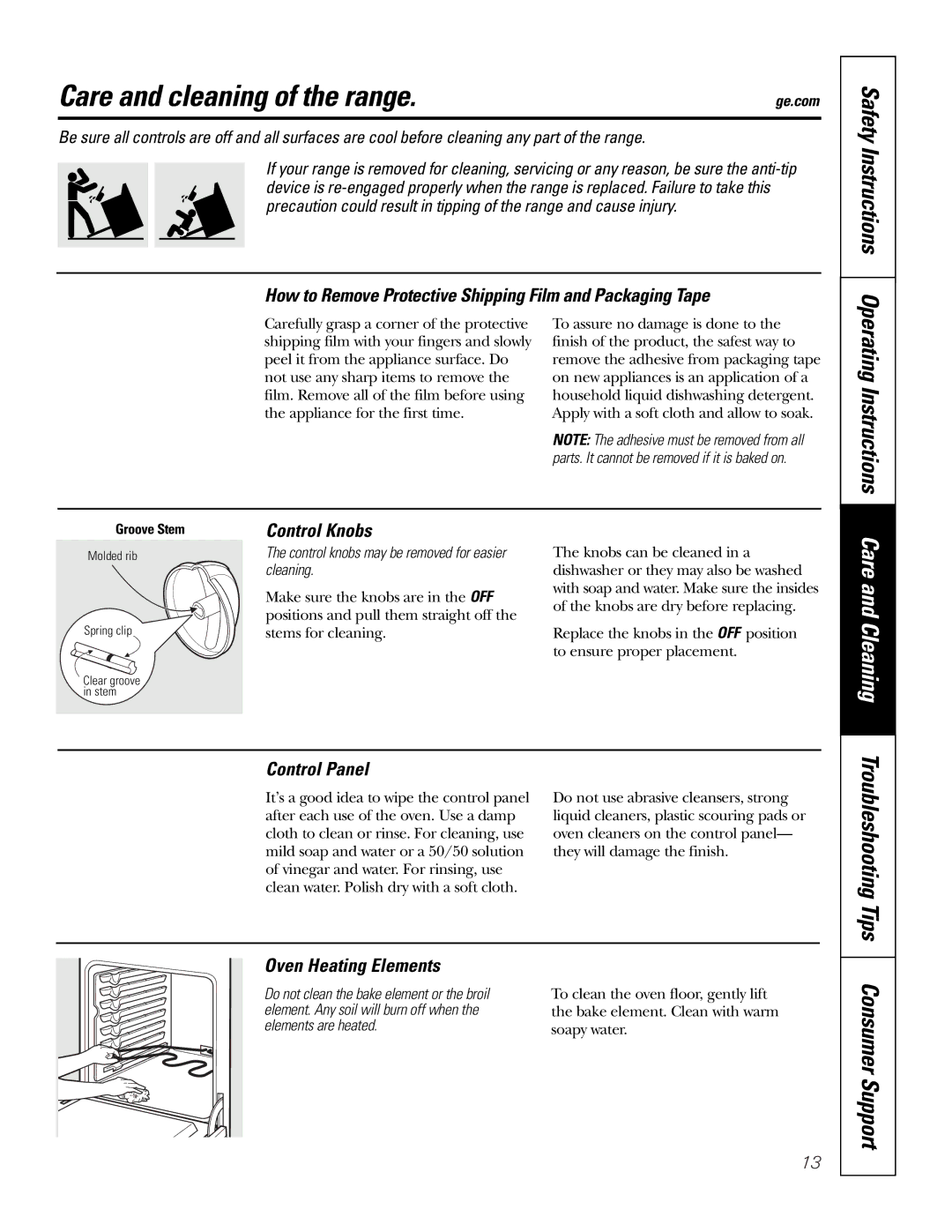 GE JSS28 owner manual Care and cleaning of the range, Operating Instructions 