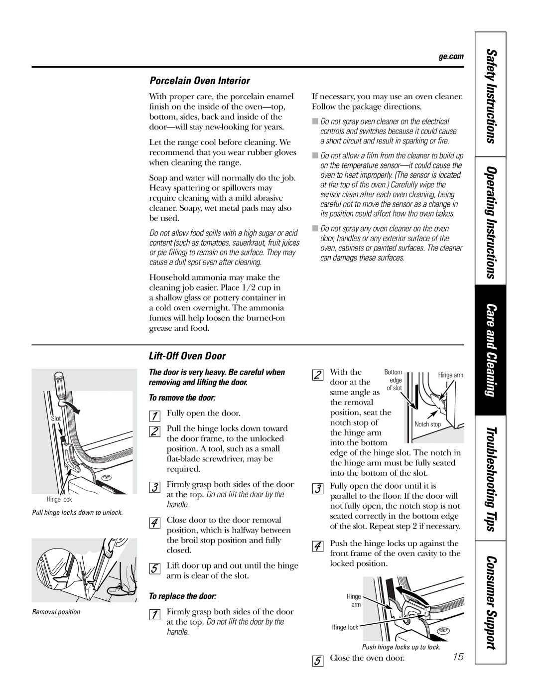 GE JSS28 Instructions Operating Instructions Care, Cleaning Troubleshooting Tips Consumer Support, Porcelain Oven Interior 