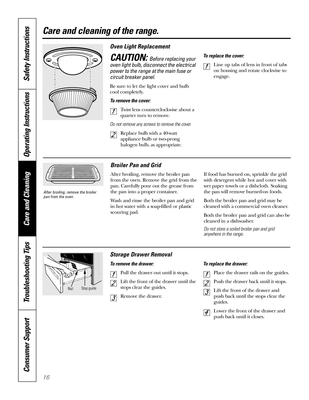 GE JSS28 owner manual Operating Instructions Safety, Oven Light Replacement, Broiler Pan and Grid, Storage Drawer Removal 