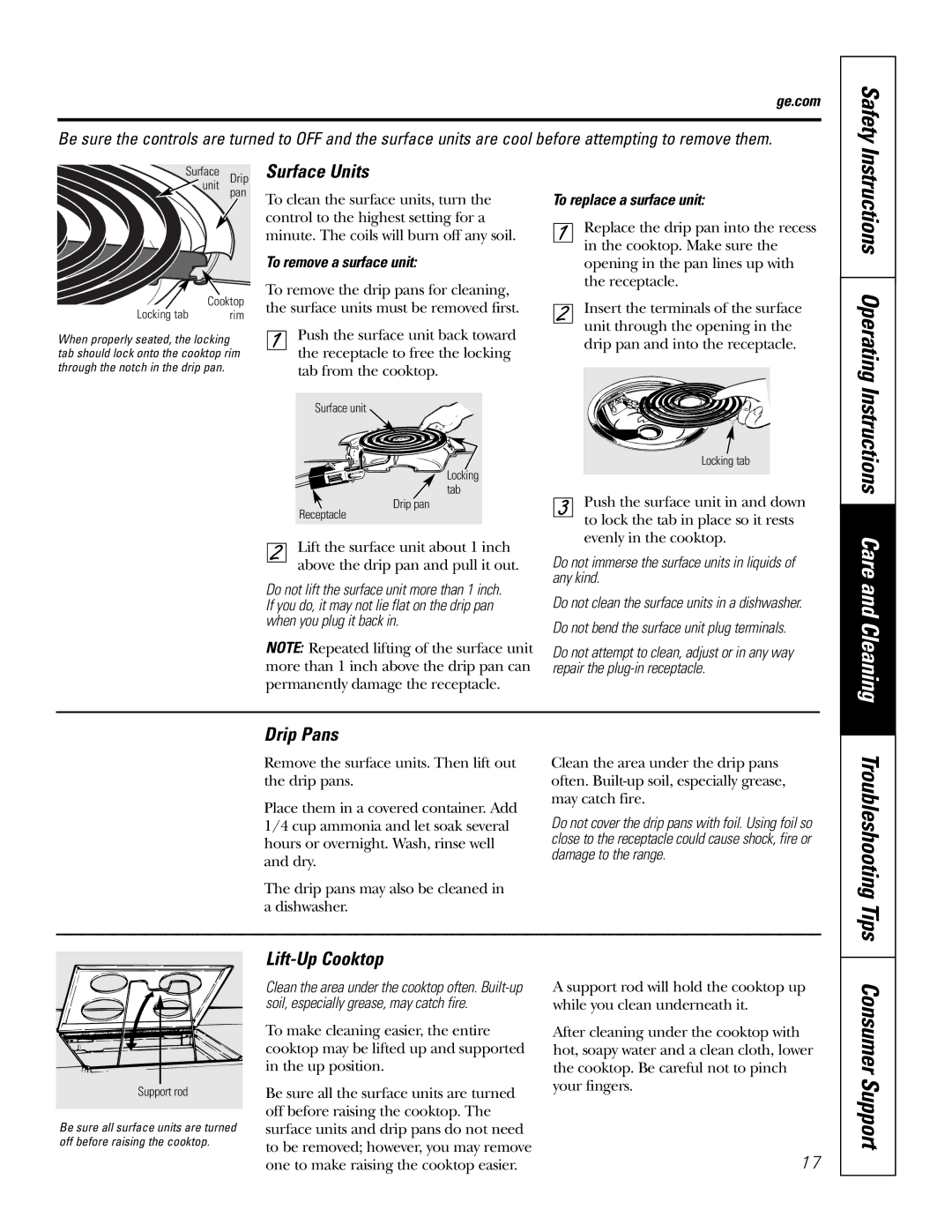 GE JSS28 owner manual Operating Instructions Care and Cleaning, Surface Units, Drip Pans, Lift-Up Cooktop 