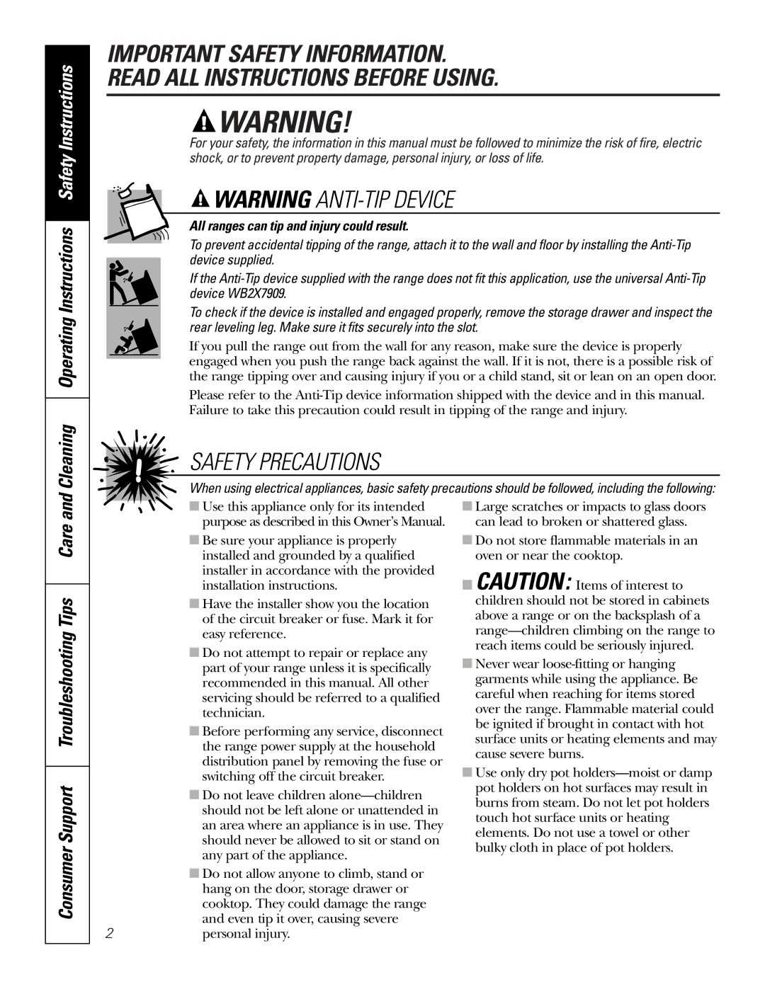 GE JSS28 owner manual Cleaning Operating Instructions Safety Instructions, Consumer Support Troubleshooting Tips Care 