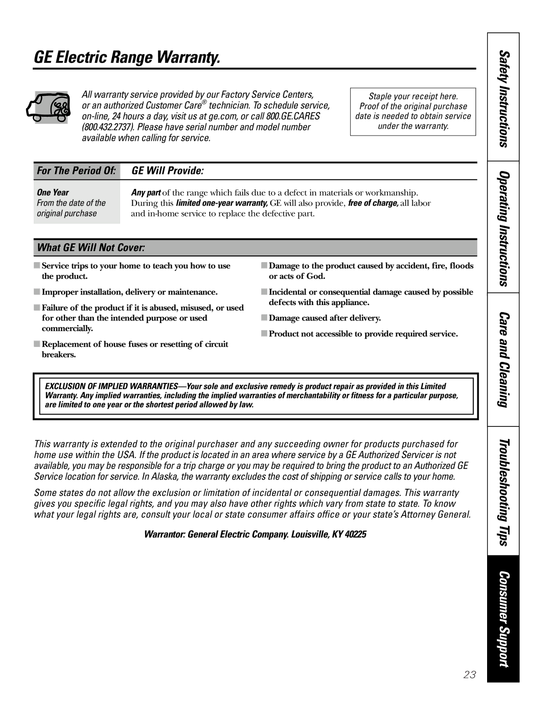 GE JSS28 owner manual GE Electric Range Warranty, Care, Cleaning Troubleshooting Tips Consumer Support, GE Will Provide 