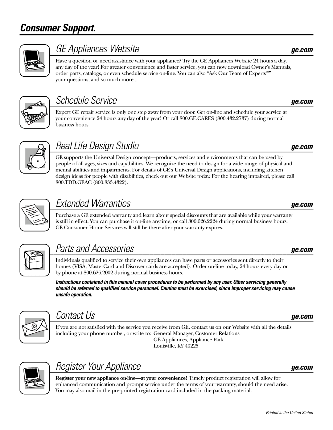 GE JSS28 Consumer Support GE Appliances Website, Schedule Service, Real Life Design Studio, Extended Warranties 