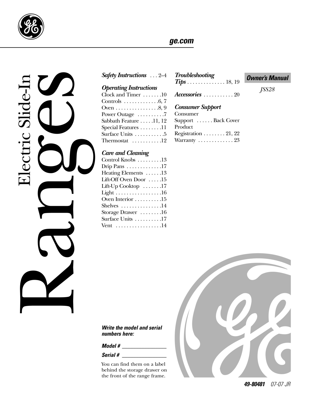 GE JSS28CKCC owner manual Ge.com, 49-80481 07-07 JR 