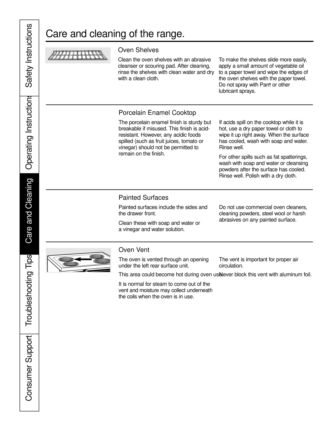 GE JSS28CKCC Consumer Support Troubleshooting Tips Care and Cleaning, Oven Shelves, Porcelain Enamel Cooktop, Oven Vent 
