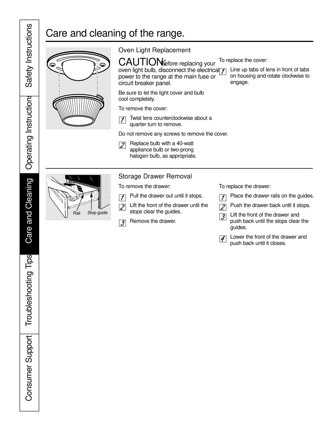 GE JSS28CKCC owner manual Operating Instructions Safety, Oven Light Replacement, Storage Drawer Removal 