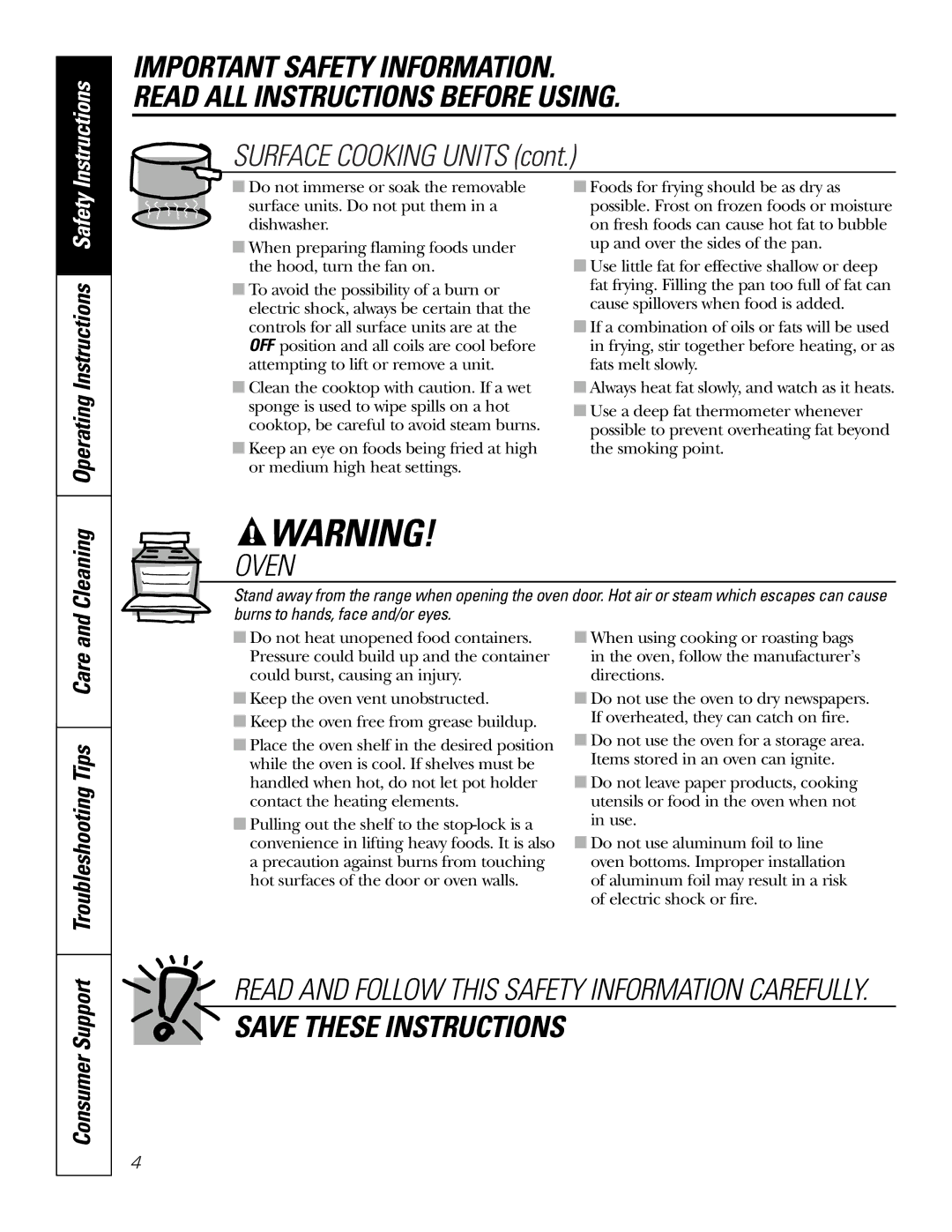 GE JSS28CKCC owner manual Cleaning, Operating Instructions Safety, Troubleshooting Tips Care 