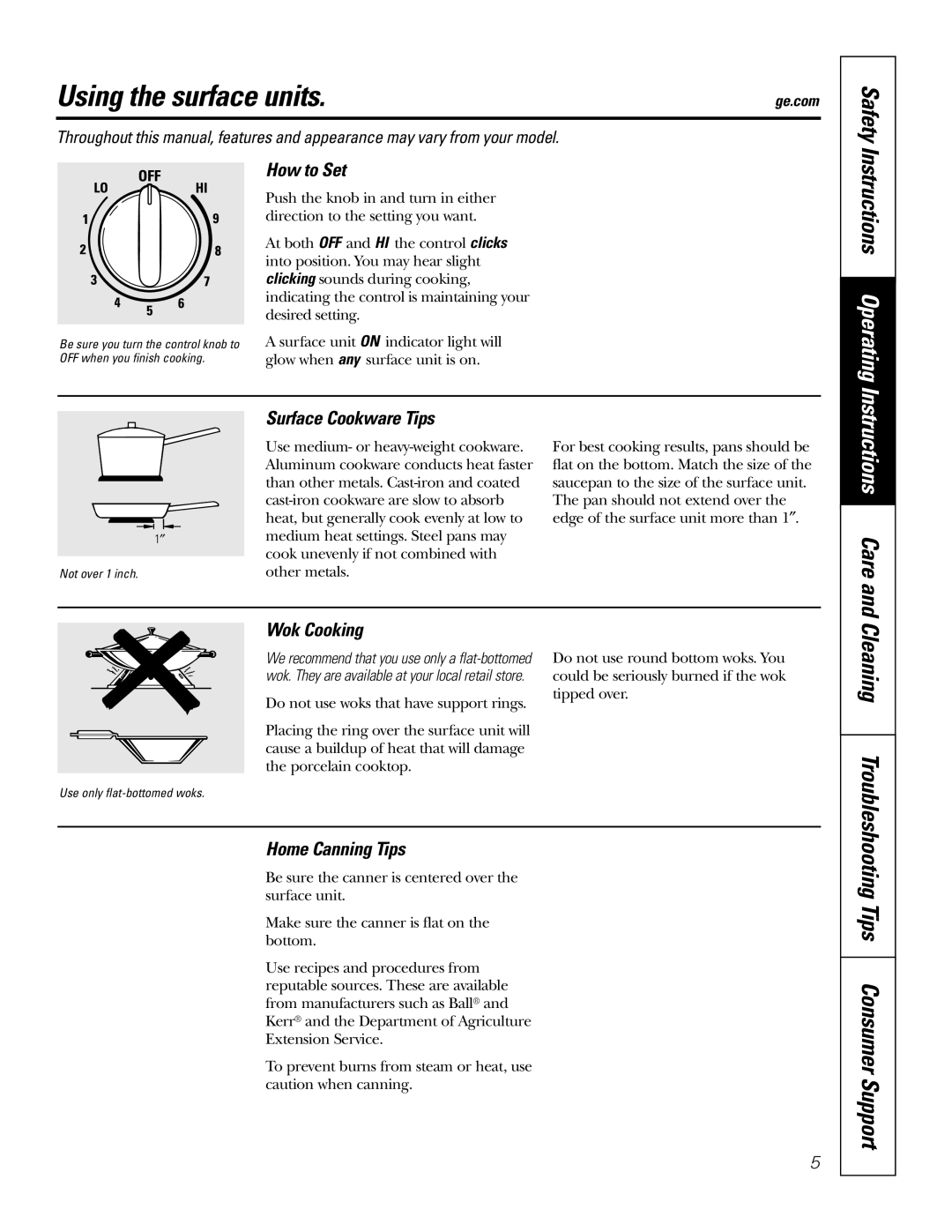 GE JSS28CKCC owner manual Using the surface units, Safety, Tips Consumer Support 