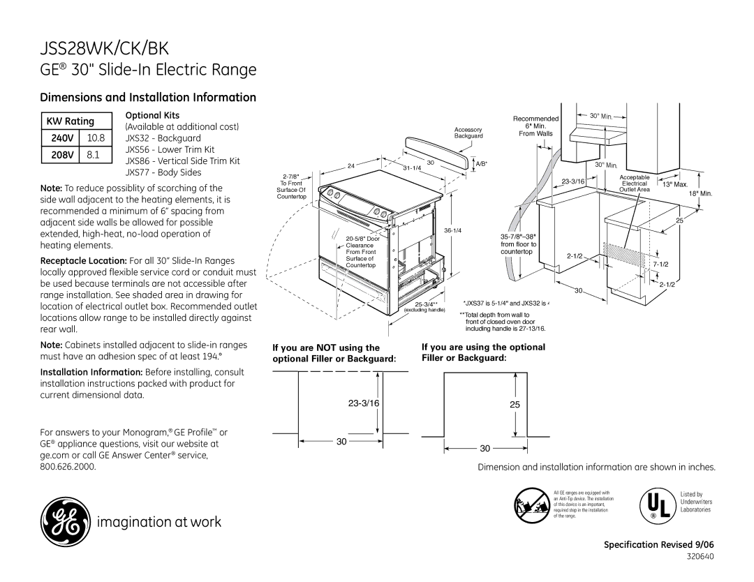 GE JSS28CK, JSS28BK dimensions JSS28WK/CK/BK, GE 30 Slide-In Electric Range, Dimensions and Installation Information, 208V 