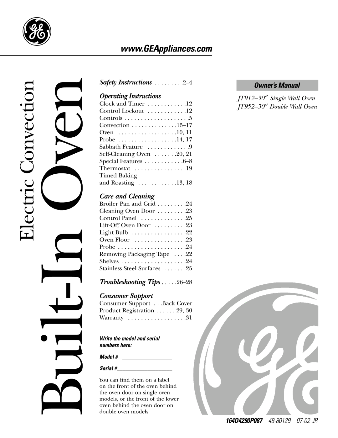 GE JT912, JT952 owner manual Built-In Oven, Write the model and serial numbers here Model # Serial # 