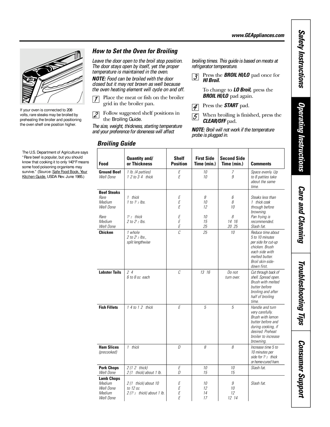 GE JT912, JT952 owner manual Instructions Operating, How to Set the Oven for Broiling, Broiling Guide, Safety, HI Broil 