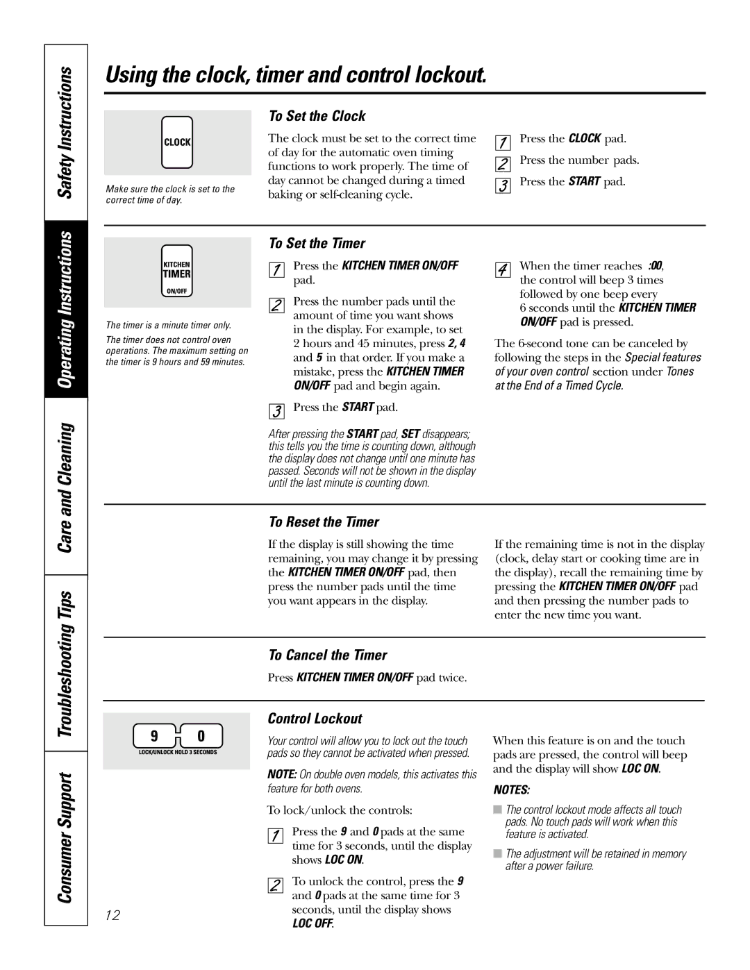 GE JT912, JT952 owner manual Using the clock, timer and control lockout 