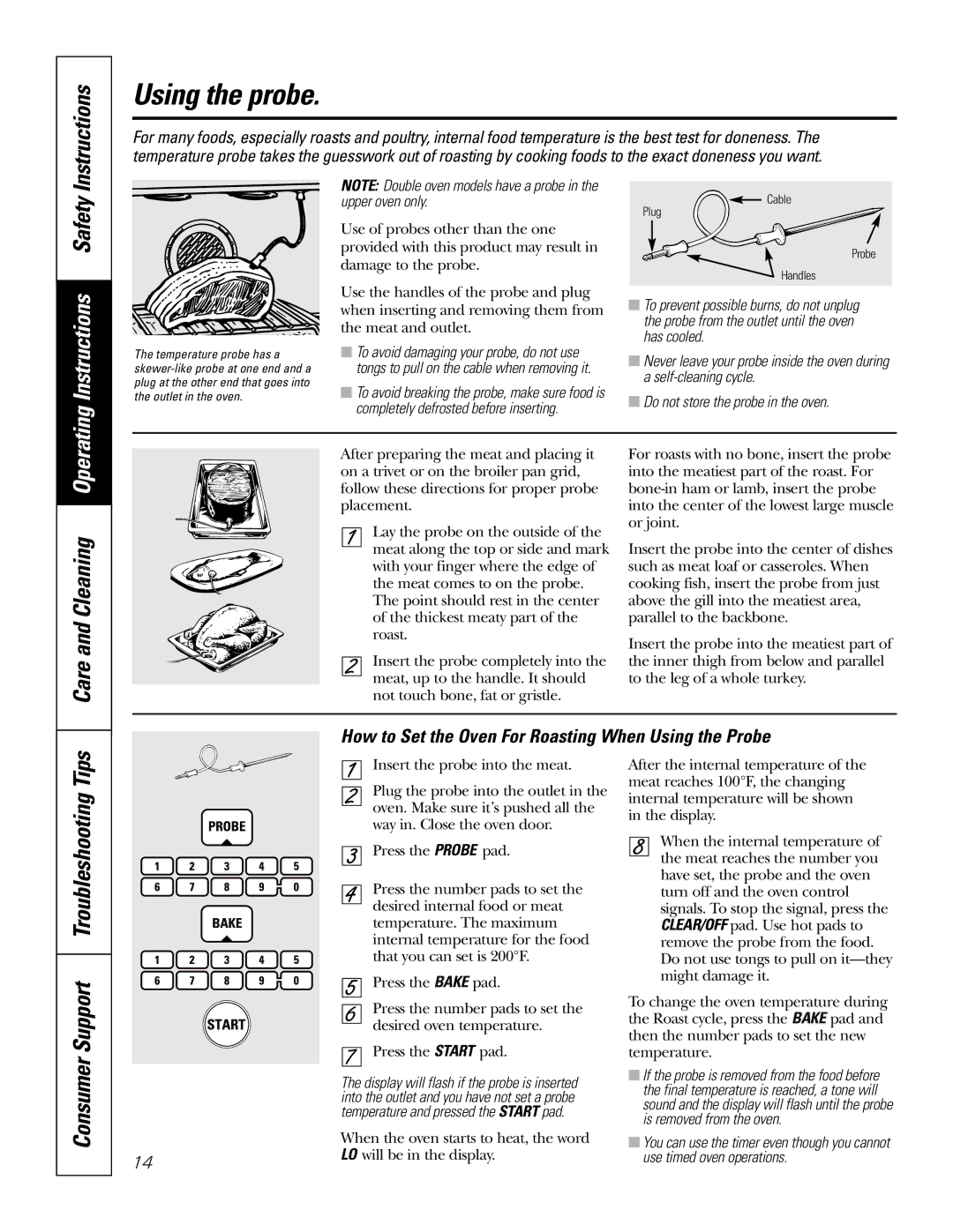 GE JT912, JT952 Using the probe, Instructions Safety, Care and Cleaning Operating, Consumer Support Troubleshooting Tips 