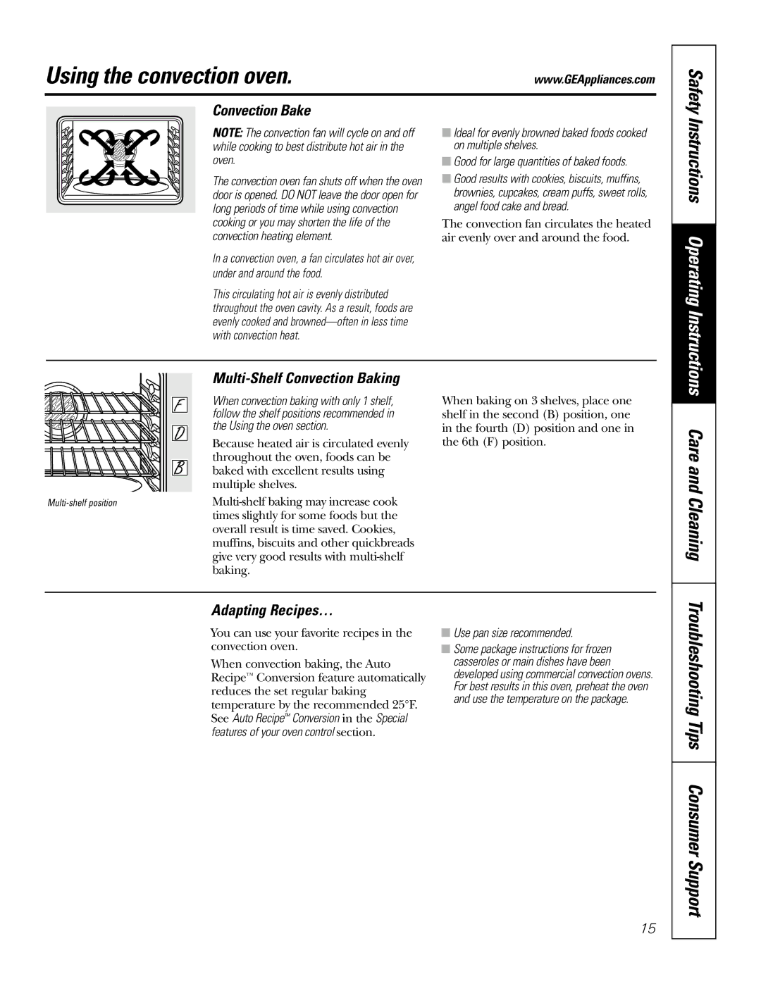 GE JT912, JT952 Using the convection oven, Convection Bake, Multi-Shelf Convection Baking, Adapting Recipes…, Safety 