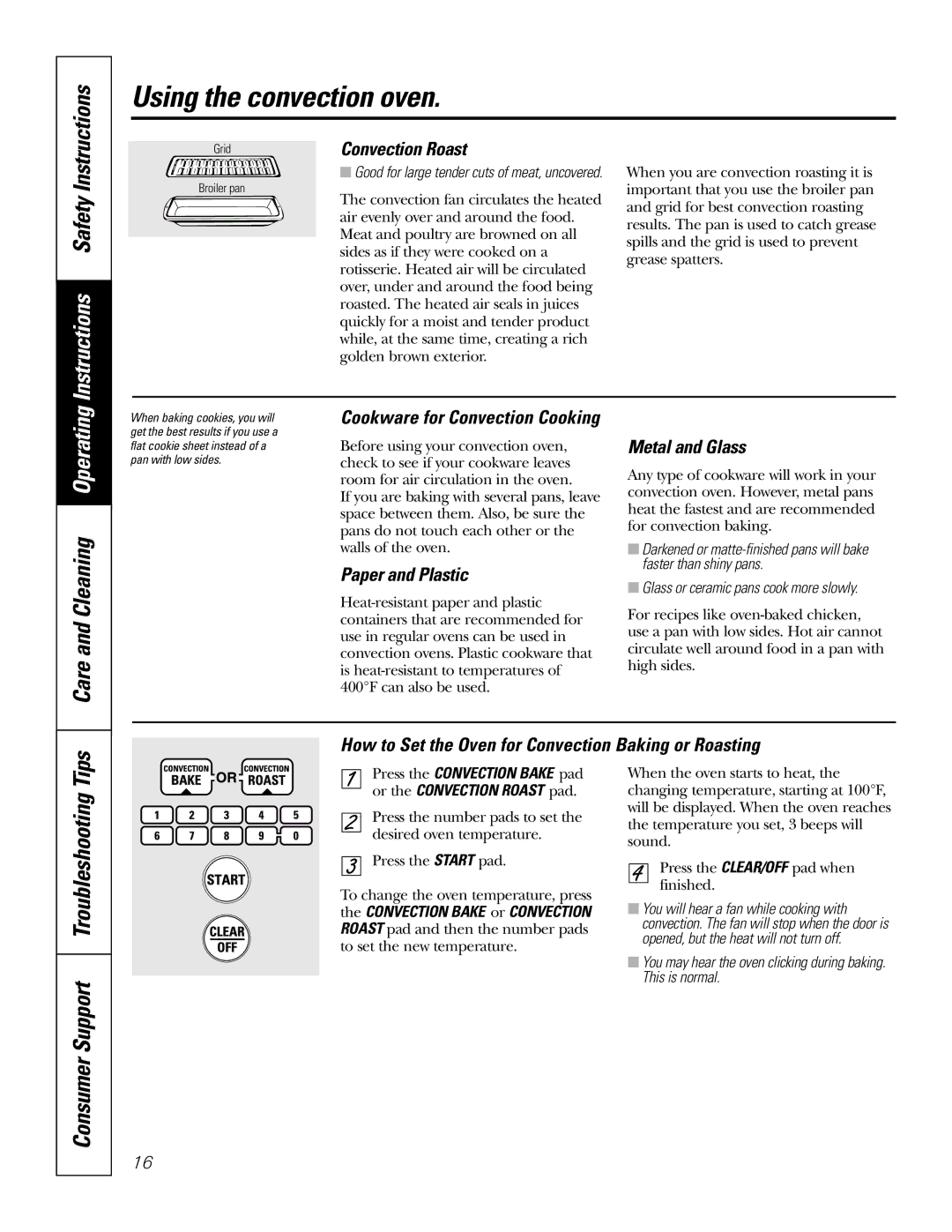 GE JT912, JT952 owner manual Care and Cleaning Operating, Convection Roast, Paper and Plastic, Metal and Glass 