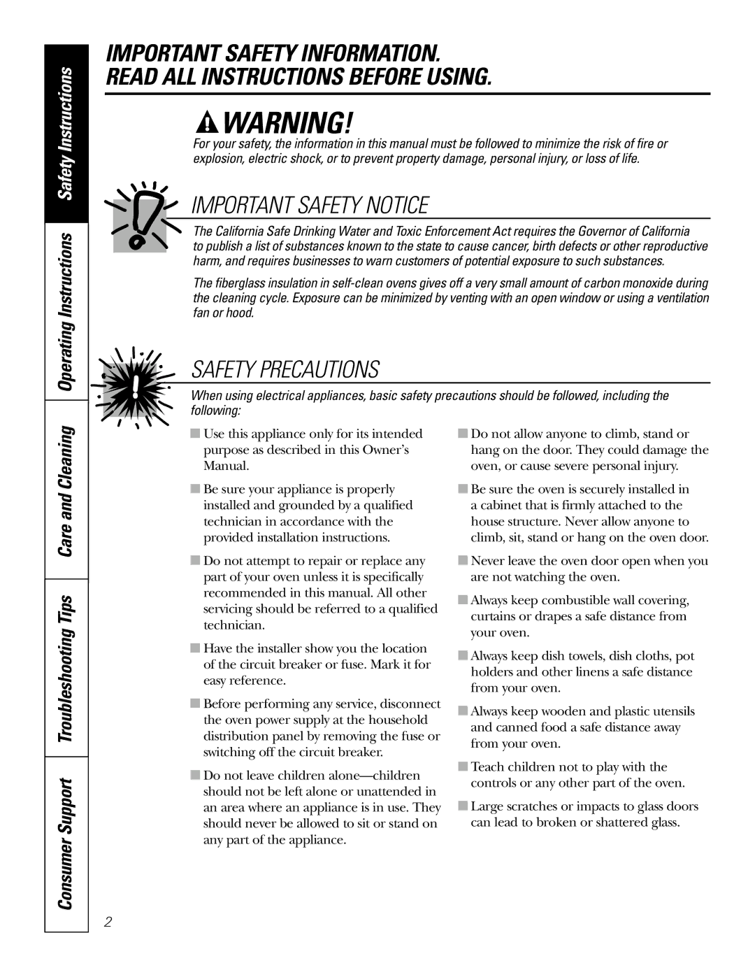 GE JT912, JT952 Operating Instructions Safety Instructions, Consumer Support Troubleshooting Tips Care and Cleaning 