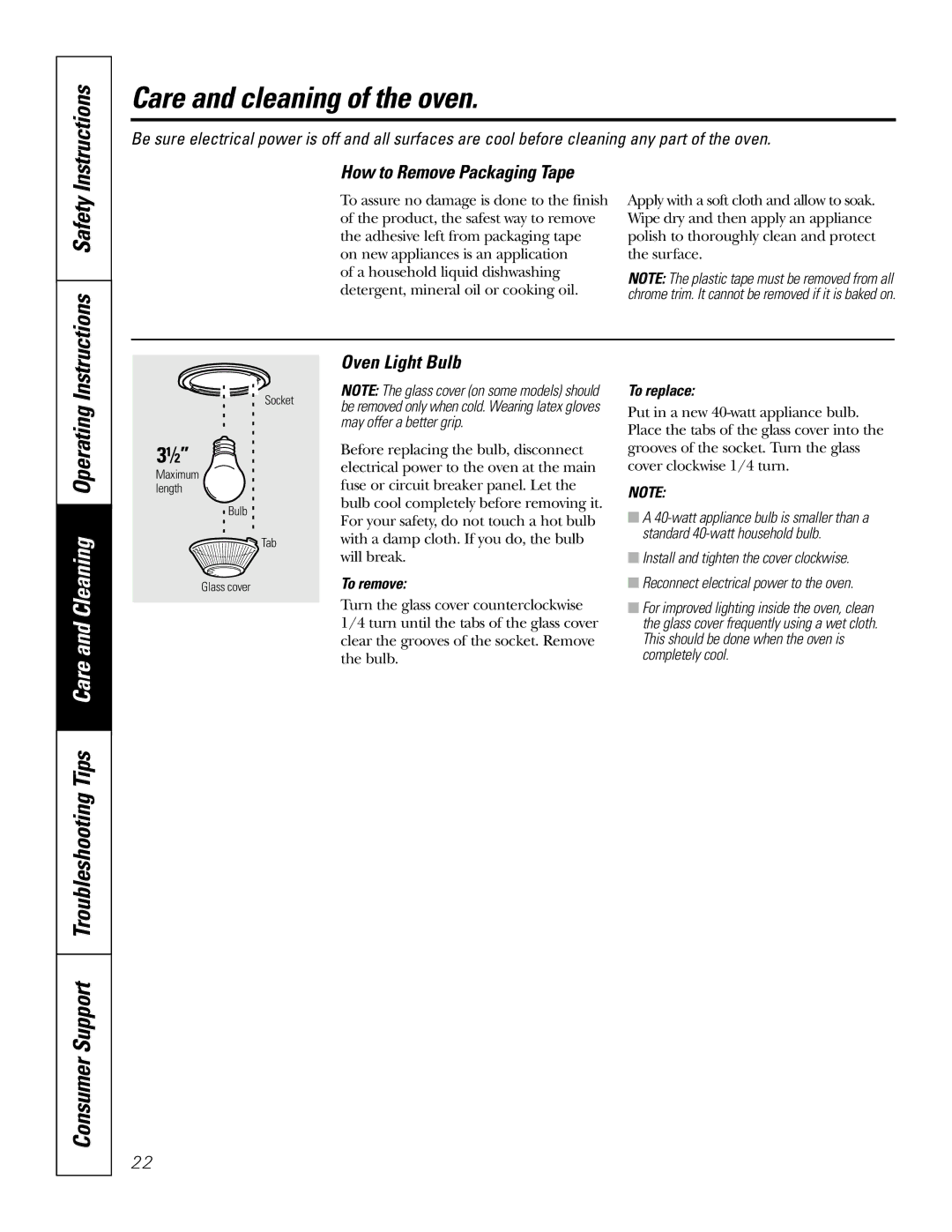 GE JT912, JT952 Care and cleaning of the oven, Instructions Safety, How to Remove Packaging Tape, Oven Light Bulb 