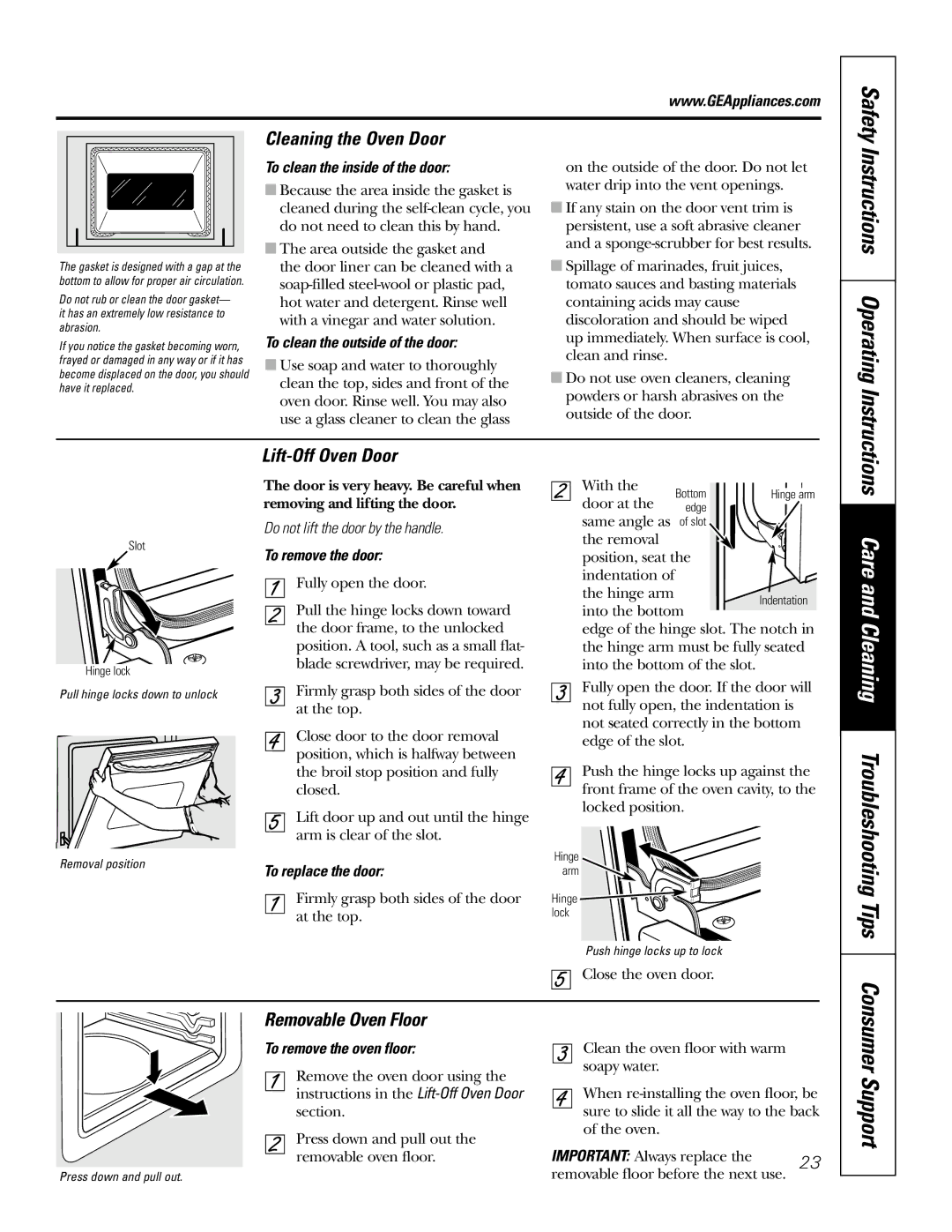 GE JT912, JT952 Care and Cleaning Troubleshooting Tips, Cleaning the Oven Door, Lift-Off Oven Door, Removable Oven Floor 