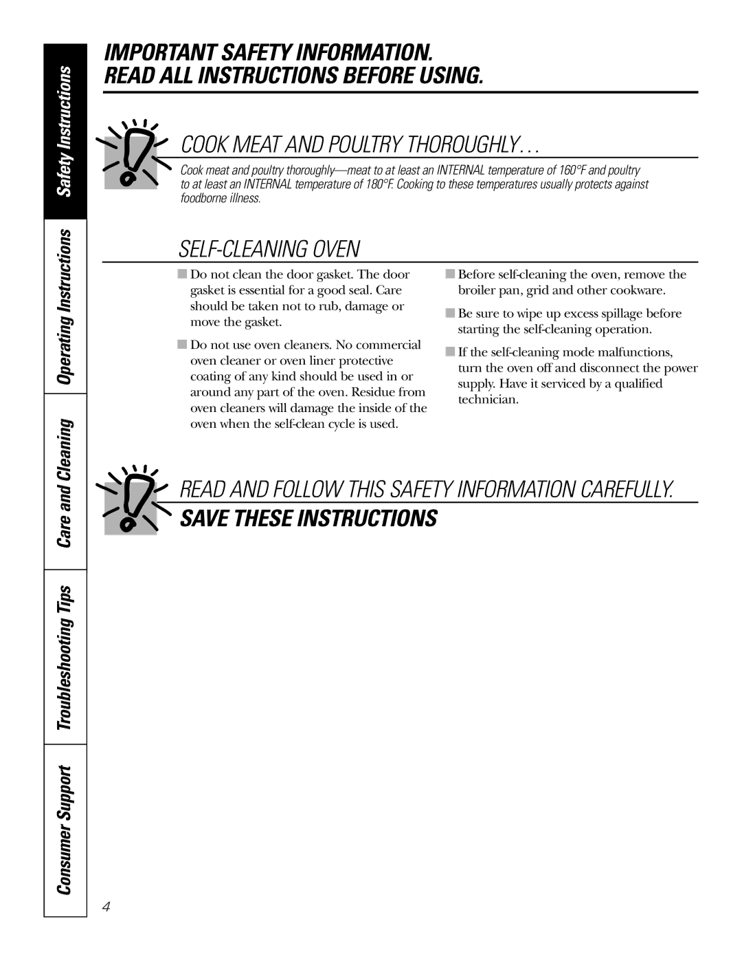 GE JT912, JT952 Safety Instructions, Consumer Support Troubleshooting Tips Care, Cleaning Operating Instructions 