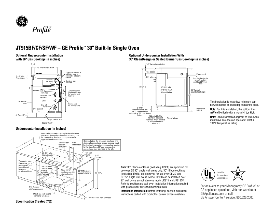 GE JT915BF/CF/SF/WF dimensions Undercounter Installation in inches, Side View 