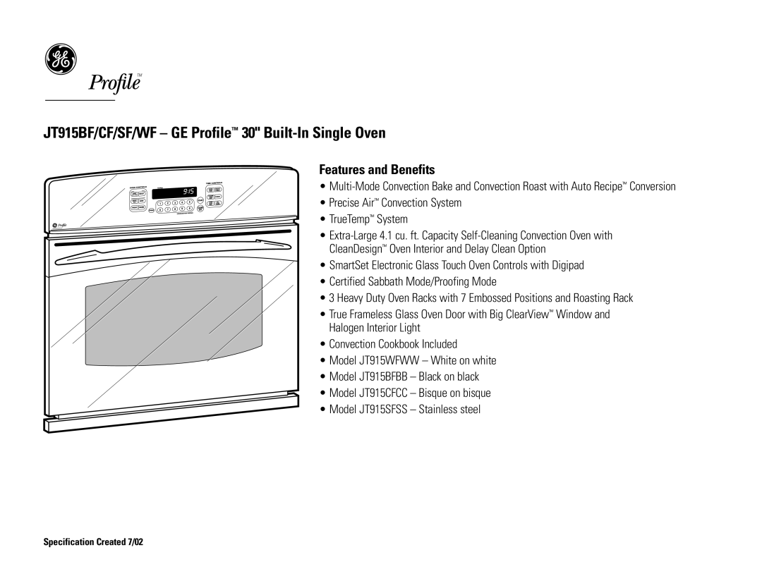 GE JT915BF/CF/SF/WF dimensions Features and Benefits 