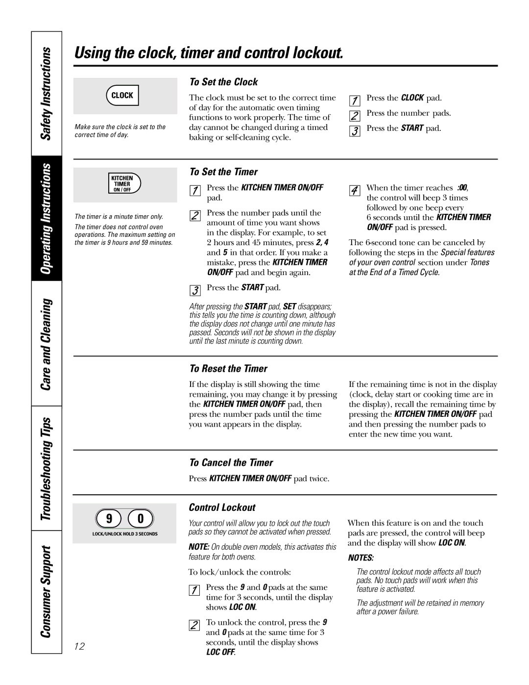 GE JT95230, JT91230 owner manual Using the clock, timer and control lockout 